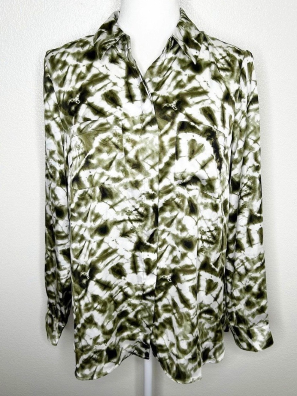 New INC Womens Green White Tie-Dye Long Sleeve Button-Up Satin Top Blouse Size M